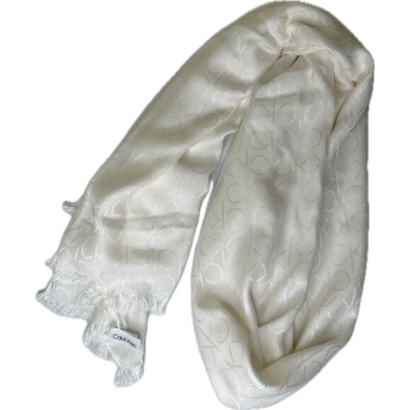 CALVIN KLEIN All Over CK Logo - Pashmina Wrap Scarf - Eggshell / White - Picture 2 of 5